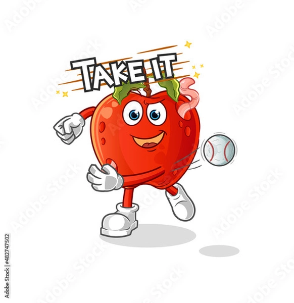Fototapeta apple with worm throwing baseball vector. cartoon character