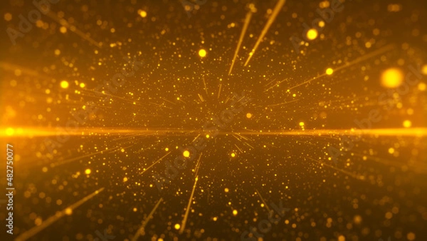 Fototapeta golden particles shining stars dust bokeh glitter awards dust flare abstract background. Futuristic glittering in space on black background.