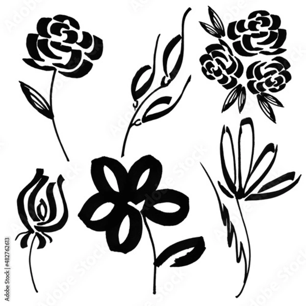 Obraz Markerblack white flower with leaves hand drawn line stroke pattern watercolor set