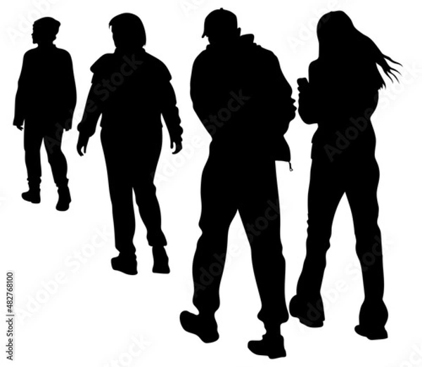 Fototapeta Vector silhouettes of a group of fellow travelers, go in the same direction, go away, back view. A man and a woman walk side by side, the girl looks at the phone. 2 people walk in front of each other