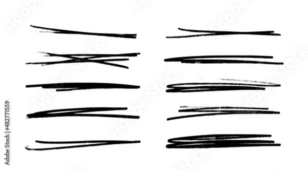 Obraz Strikethrough lines isolated. Set of different doodle underlines. Grunge collection of brush strokes written on a white background. Horizontal hand drawn marker stripes.