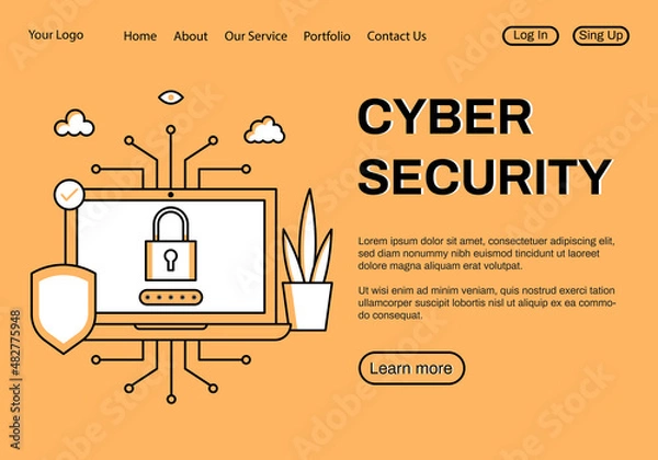 Fototapeta Cyber security landing page templates in line art. Antivirus for computers, laptops and phones. Flower, shield, lock, password, eye. Vector stock illustration