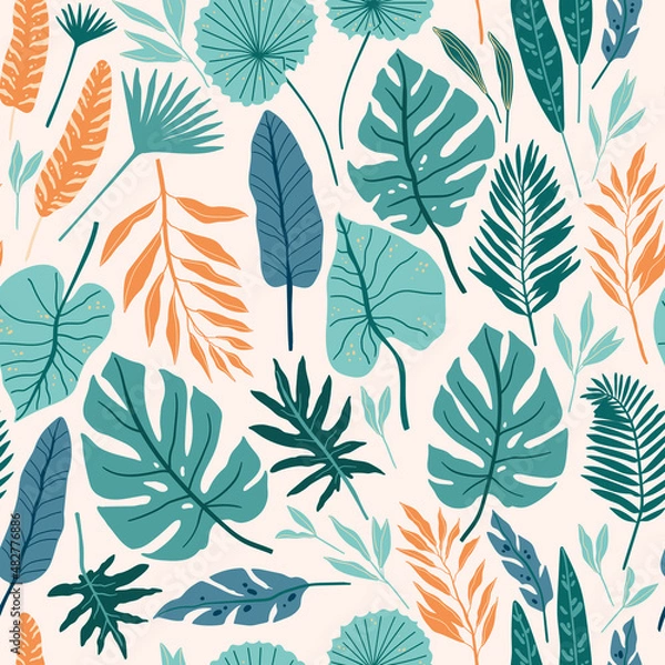 Fototapeta Seamless pattern with tropical spirit. Jungle leaves and palms. Vector illustration.