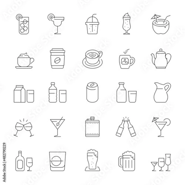 Fototapeta A set of drink and beverage line icons, vector illustration.

