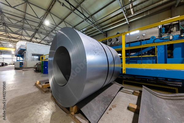 Fototapeta Metal tile for roof in metallic forming machine production line in factory. Cold rolled steel coils at the plant. Industrial concept