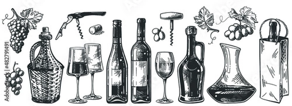 Fototapeta Set of wine glasses, bottle, decantor and grape. Vintage vector engraving illustration for web, poster, invitation to party. Hand drawn design element isolated on white background.