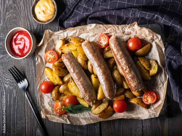 Fototapeta Roast catfish sausages with potatoes, tomatoes and ketchup on a black wooden background. Top view. 