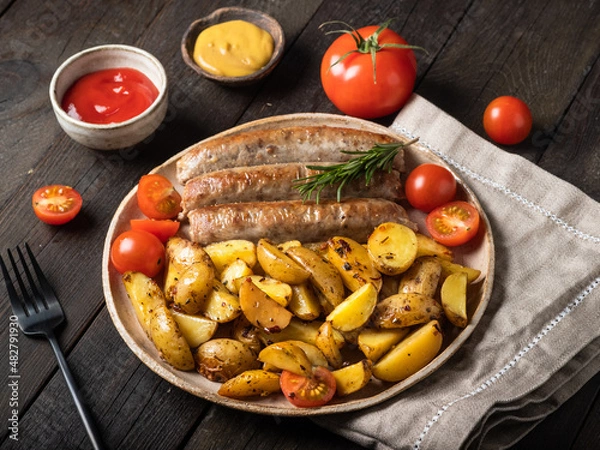 Fototapeta Baked sausages (kupaty), cooked of  catfish, with potatoes, tomatoes with mustard sauce and tomato sauce in a round plate on wooden table in rustic style.