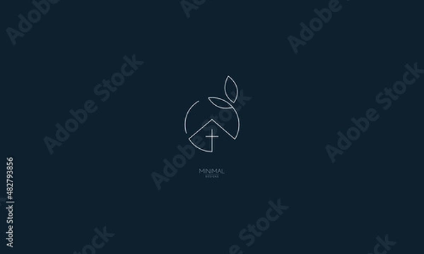 Fototapeta A line art icon logo of a church with a leaf circle.