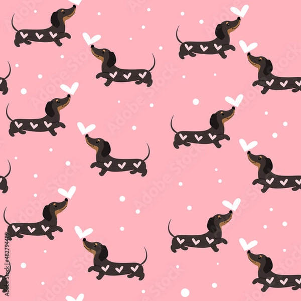 Fototapeta Dachshund dogs  and hearts seamless pattern on a pink background. Valentines day. Vector illustration