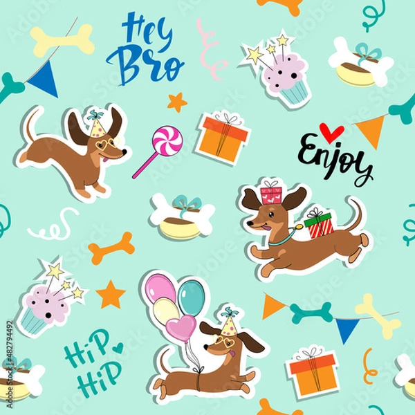Fototapeta Dachshund dogs and birthday items seamless pattern on a blue background. Vector cartoon illustration