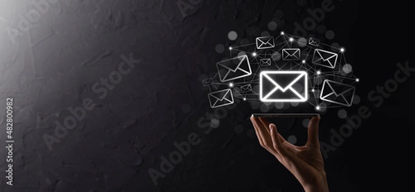 Fototapeta Email marketing and newsletter concept.Contact us by newsletter email and protect your personal information from spam mail concept.Scheme of direct sales in business. List of clients for mailing.