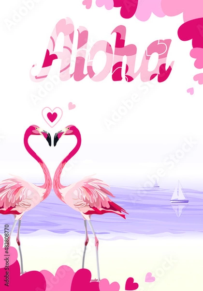 Fototapeta Two flamingos in love with lettering Aloha and hearts on the background of the sea.  illustration for party invitation. Negative space trend.