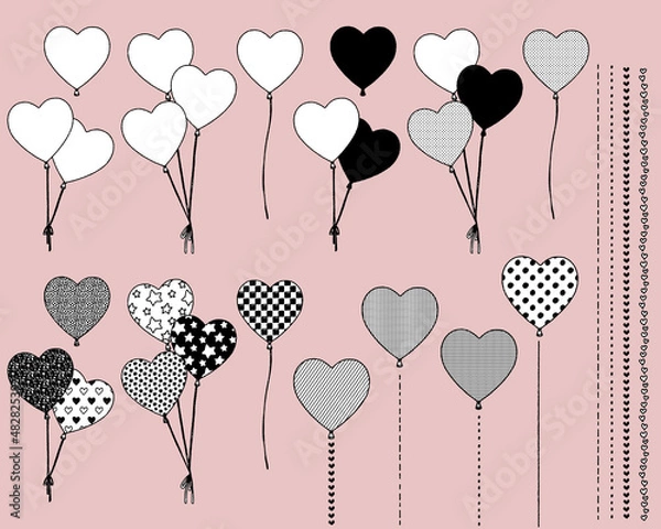 Fototapeta ハートの風船。線画イラスト。いろいろな柄の風船。