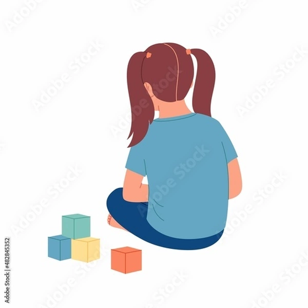 Obraz Autism. Little girl feeling lonely. Child Playing Alone With Cubes Toys. Early signs of autism syndrome in children. Vector illustration. Children autism. Signs and symptoms of autism in a child