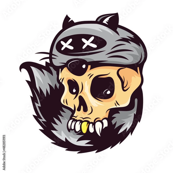 Fototapeta Hunter Skull with a gold tooth in a hat with a raccoon fur tail. Sports team game mascot.