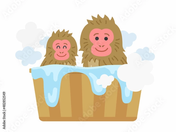 Fototapeta 温泉に入る、ニホンザルの親子のイラスト