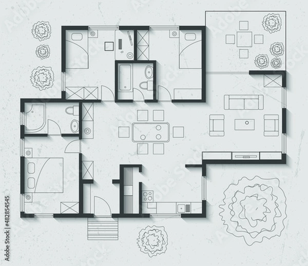 Fototapeta Floor plan of house, on paper background with shadows.