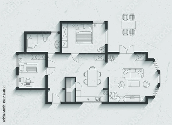Fototapeta Floor plan of house, on paper background with shadows.