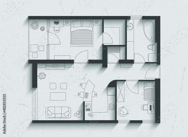 Fototapeta Floor plan of house, on paper background with shadows.