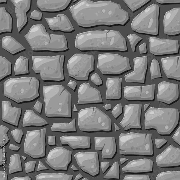 Fototapeta seamless gray stones background. rock or cobblestone texture for casual game design. Vector cartoon style illustration. masonry wall. Stone plate or paving stone tile. dungeon or cave wall decor