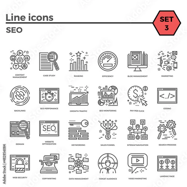 Fototapeta Seo Thin Line Related Icons Set on White Background. Simple Mono Linear Pictogram Pack Stroke Logo Concept for Web Graphics