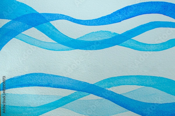 Obraz Blue stripes in the form of a wave on a white textured paper painted in watercolor.