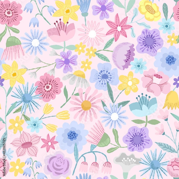Obraz Spring hand drawn flower seamless pattern. Spring floral background