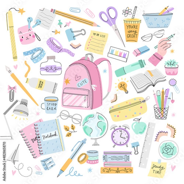 Obraz School supplies set. Vector backpack and stationery vector collection