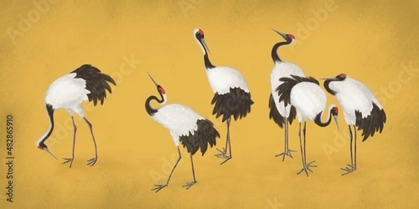 Fototapeta White cranes with gold background. Abstract watercolor paint background grunge texture. Interior Wallpaper. Mural for the walls, fresco for the room, interior grunge style