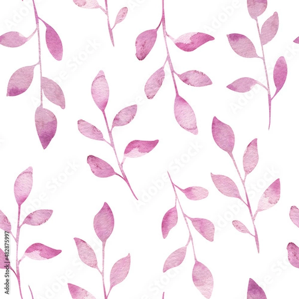 Fototapeta Tropical pattern,  print, pink watercolor leaves seamless background. Leaves, girly jungle print