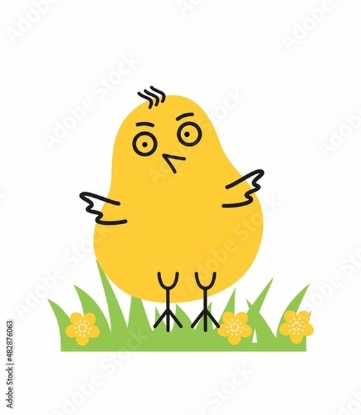 Obraz Easter cartoon chick on green fresh grass. Easter poster vector image. Line art