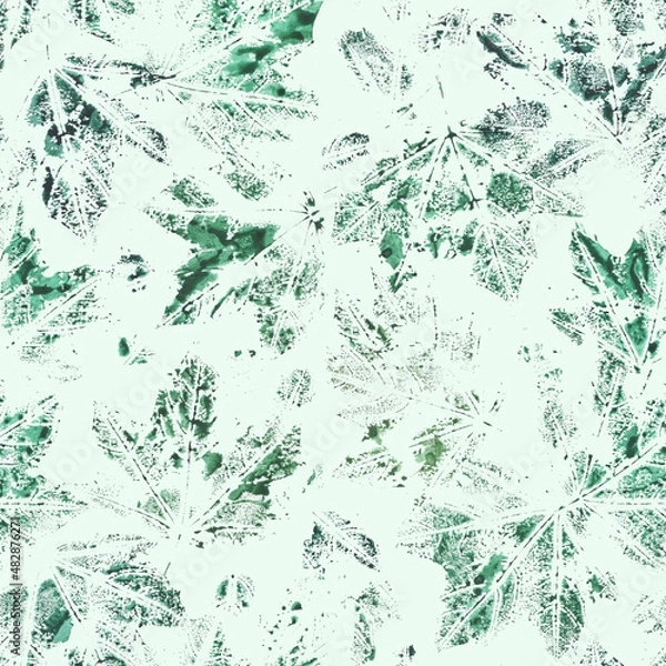 Fototapeta Background pattern set stamp imprint green  leaves, leaf, foliage birch l, watercolor, autumn, colorful, for postcard, board, wallpaper, season