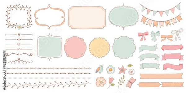 Obraz Rustic hand drawn wedding, Christening design elements set. Flower doodles,leaves, bird, ribbons, banners and frames. Save the Date cards, Wedding invitations, Thank You cards.