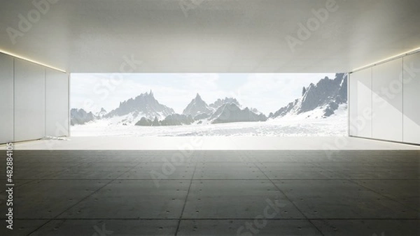 Fototapeta house with big glass window and wooden floor