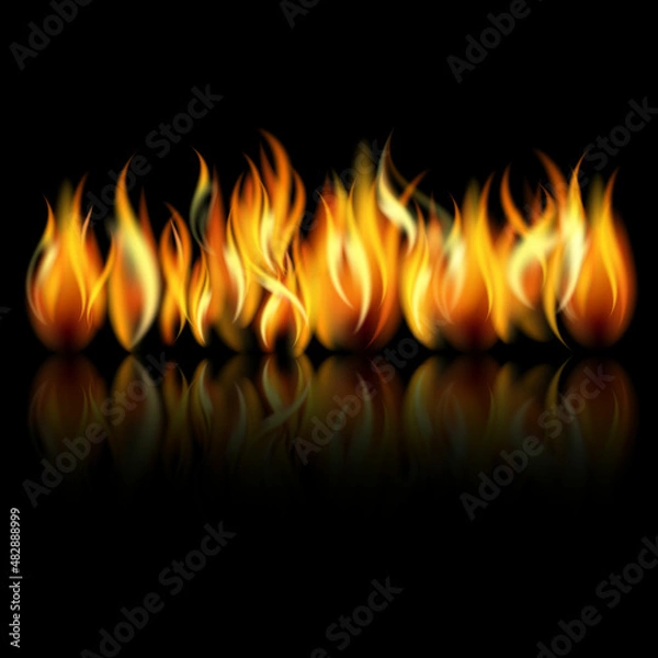 Fototapeta Fire flames on black background. An illustration of a stylized fire banner background. Realistic fire flames set on transparent black background.