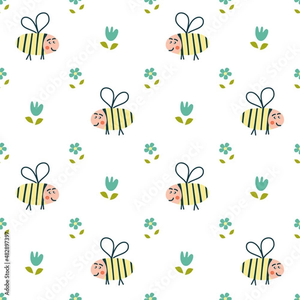 Fototapeta Seamless pattern with cute bees and flowers. Perfect for childish clothes, surface design.