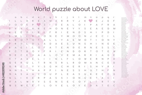 Fototapeta Valentines day word puzzle crossword - find the listed words about love in the brain work puzzle. attentiveness test, riddle game in English. words are located forward and down