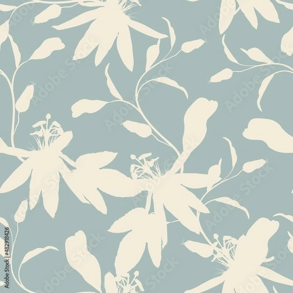 Obraz Tropic summer painting seamless pattern with exotic flower branch silhouette. Trendy exotic flower wallpaper on blue background.