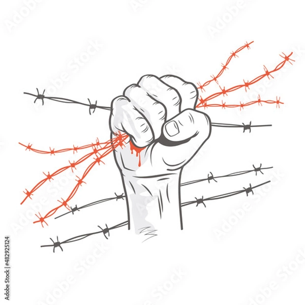Fototapeta Barbed wire clenched in fist. Illustration on the theme of dictatorship and the Holocaust. Console camp. Resistance and revolution symbol concept.