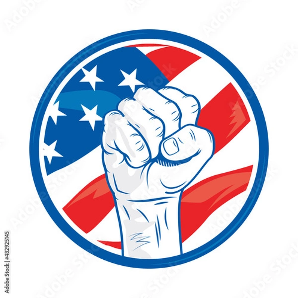 Fototapeta Round label with a hand holding a torch of the flame of liberty on the background of the American flag