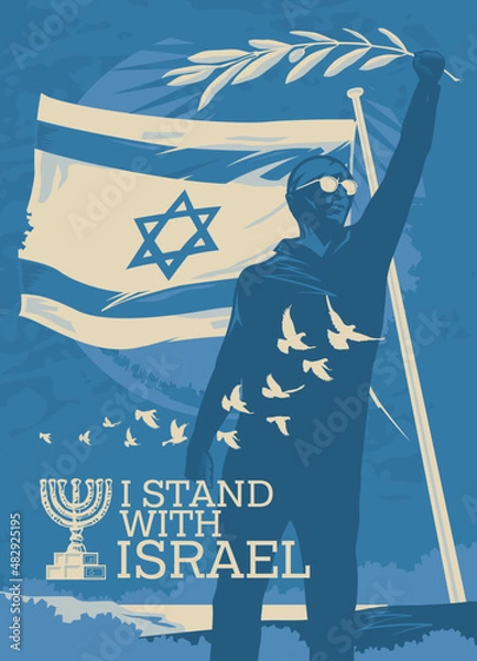 Fototapeta Man holds an olive branch as peace, truce on the background of the National Flag of Israel.