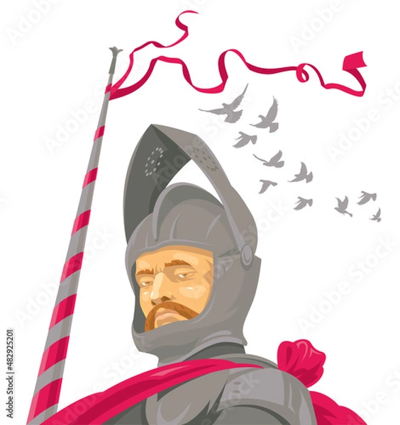 Fototapeta Knight in armor with a spear and developing pink ribbons at the tournament. Isolated vector illustration.