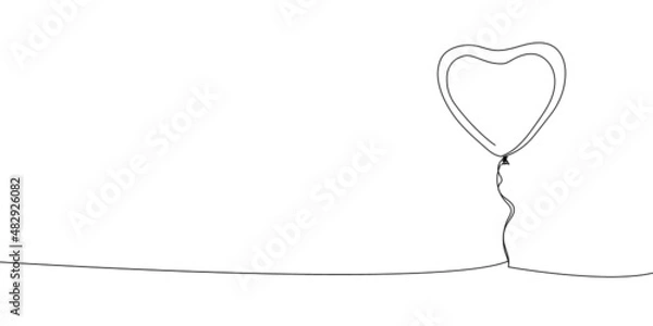 Fototapeta Heart shaped balloon continuous line drawing. One line art of decoration, accessory, balloon, holiday, romance, congratulate, surprise, heart.