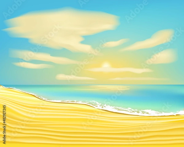 Fototapeta Summer background,  tropical landscape, vector illustration of the beach with waves and clouds. Vector cartoon style background of sea shore.
