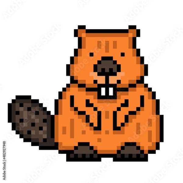 Fototapeta Pixel art sitting beaver icon isolated on white background. 8 bit funny forest animal character logo. Old school vintage retro 80s, 90s 2d computer, video game, slot machine graphics. Wildlife rodent.