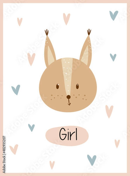 Obraz Baby greeting card with cute head squirrel and colorful hearts in frame with text 