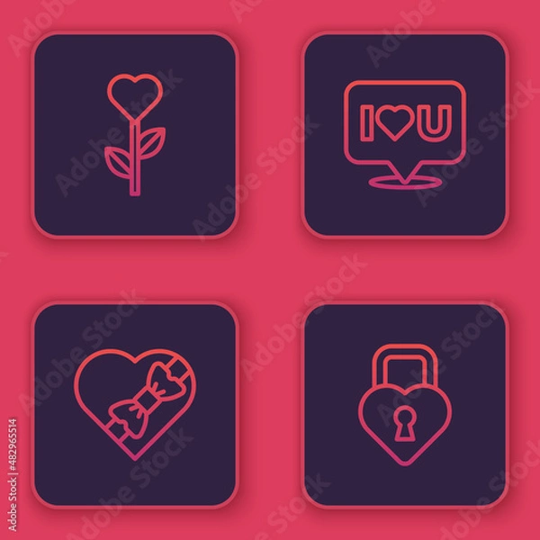 Fototapeta Set line Heart shape in flower, Candy heart shaped box, Speech bubble with I love you and Castle the of. Blue square button. Vector