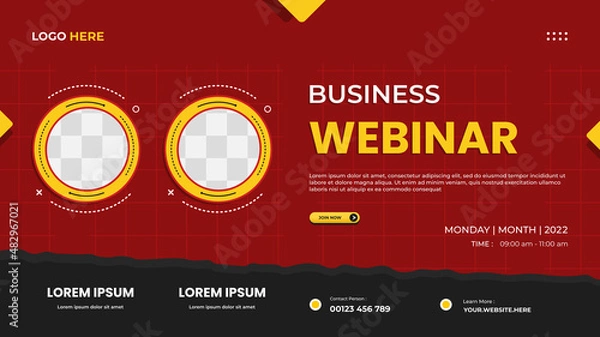 Fototapeta Business webinar website banner template with two circle frames, red background and torn paper shape