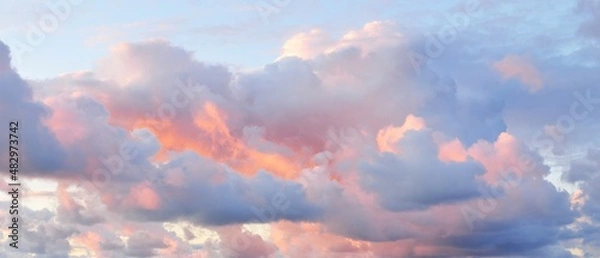 Obraz Clear blue sky. glowing pink and golden cirrus and cumulus clouds after storm, soft sunlight. Dramatic sunset cloudscape. Meteorology, heaven, peace, graphic resources, picturesque panoramic scenery